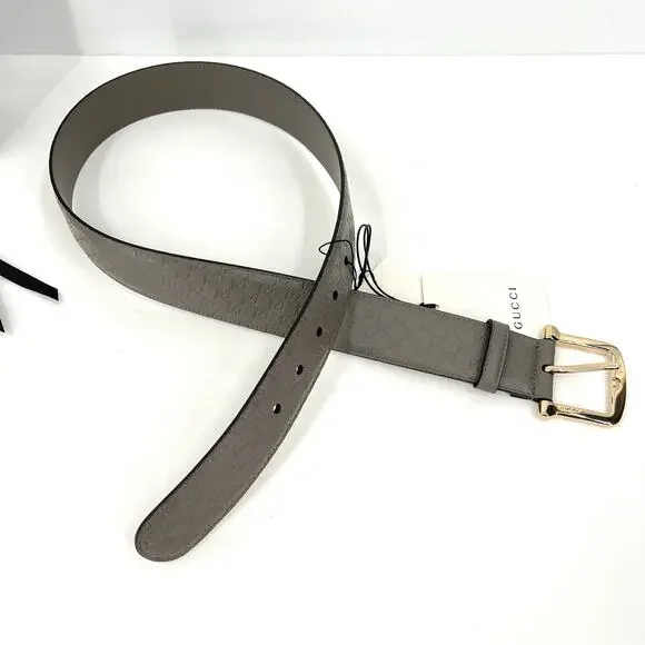 GUCCI Belt Womens 80 Gray Microguccisima GG Leather Gold Buckle AUTHENTIC NWT